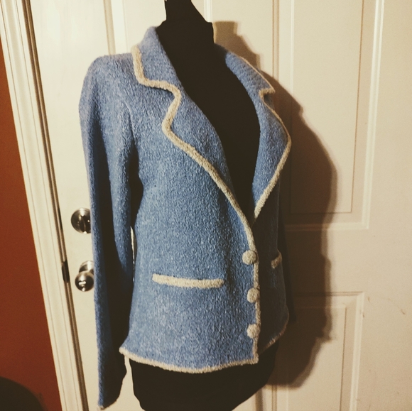 🔹🪻🔹Divine Vtg French Blue Periwinkle & Cream Plush Boucle Sweater Blazer - M - Picture 2 of 14